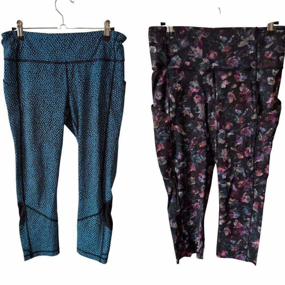 Set of 2 Lululemon Womens Size 8 Crops Leggings Activewear Blue Floral Pockets